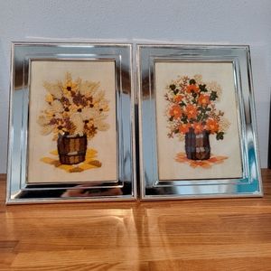 Crewel Finished Embroidered Picture Flowers Vase Cattails Vintage Planter Pots